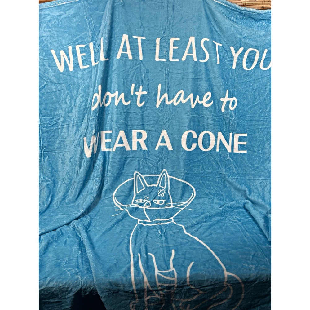 Blue/White Cat Graphic 48x58" Throw Blanket "Well At Least You Don't Wear a Cone
